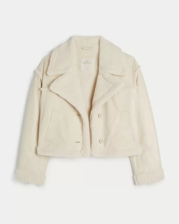 Sherpa-Lined Faux Suede Crop Biker Jacket,Sherpa-Lined Faux Suede Crop Biker Jacket