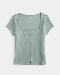 Short-Sleeve Button-Through Pointelle Top,Short-Sleeve Button-Through Pointelle Top