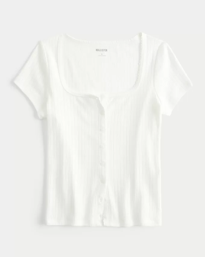 Short-Sleeve Button-Through Pointelle Top,Short-Sleeve Button-Through Pointelle Top