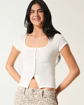 Short-Sleeve Button-Through Pointelle Top,Short-Sleeve Button-Through Pointelle Top