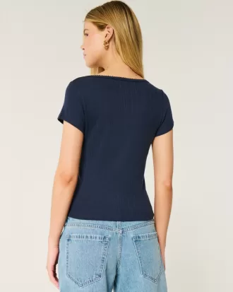 Short-Sleeve Button-Through Pointelle Top,Short-Sleeve Button-Through Pointelle Top