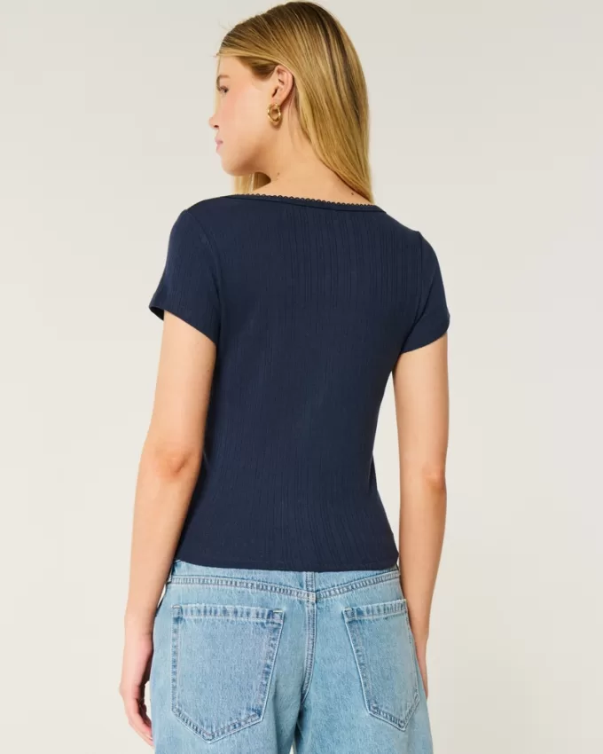 Short-Sleeve Button-Through Pointelle Top,Short-Sleeve Button-Through Pointelle Top