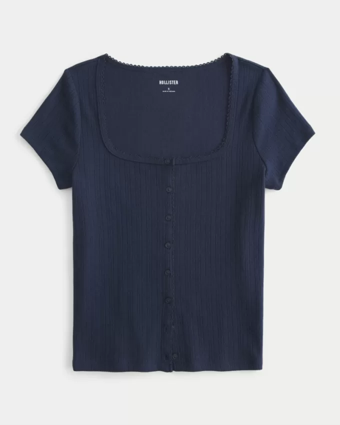 Short-Sleeve Button-Through Pointelle Top,Short-Sleeve Button-Through Pointelle Top