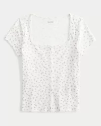 Short-Sleeve Button-Through Pointelle Top,Short-Sleeve Button-Through Pointelle Top