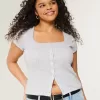 Short-Sleeve Button-Through Pointelle Top,Short-Sleeve Button-Through Pointelle Top