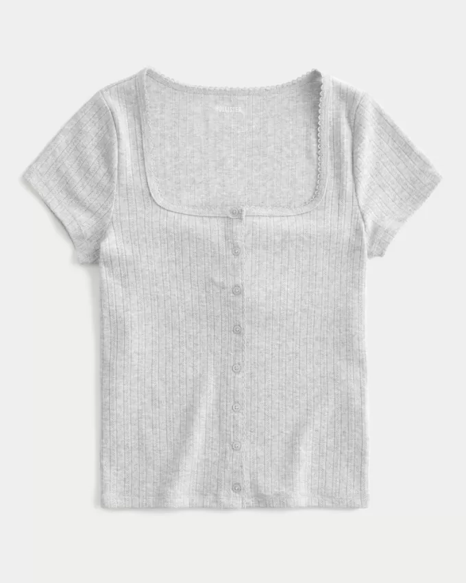 Short-Sleeve Button-Through Pointelle Top,Short-Sleeve Button-Through Pointelle Top