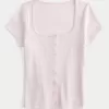 Short-Sleeve Button-Through Pointelle Top,Short-Sleeve Button-Through Pointelle Top