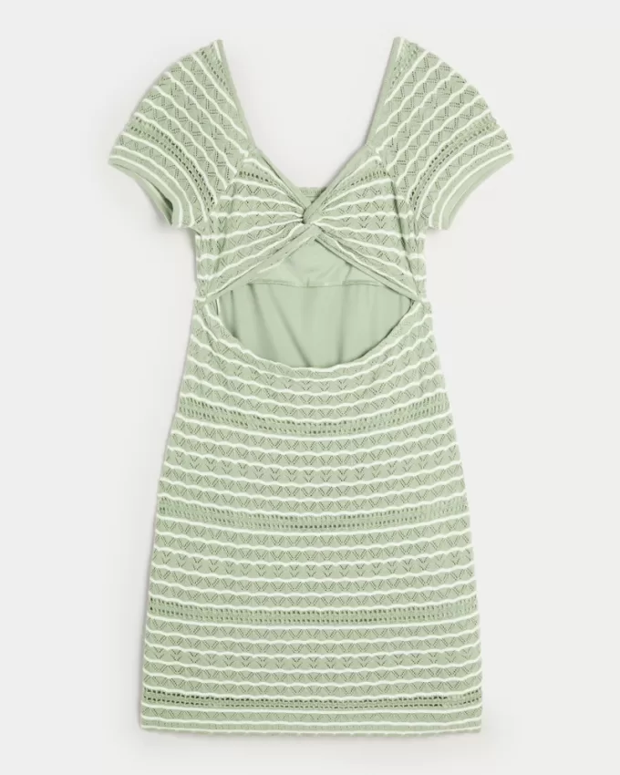 Short-Sleeve Crochet-Style Twist Back Mini Dress,Short-Sleeve Crochet-Style Twist Back Mini Dress