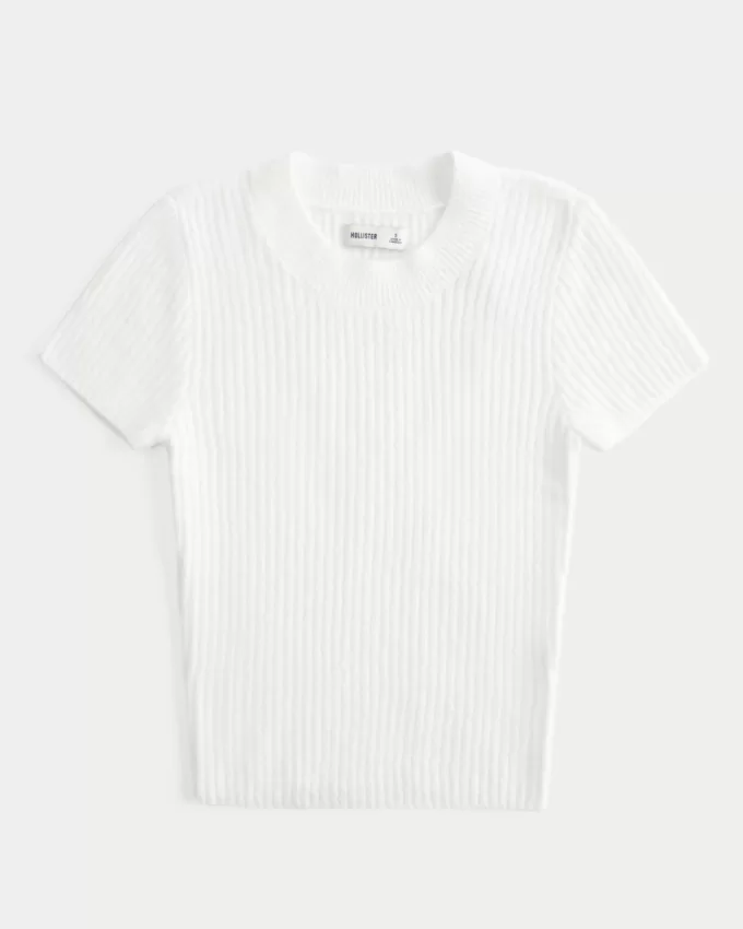 Short-Sleeve Ribbed Crew Sweater,Short-Sleeve Ribbed Crew Sweater
