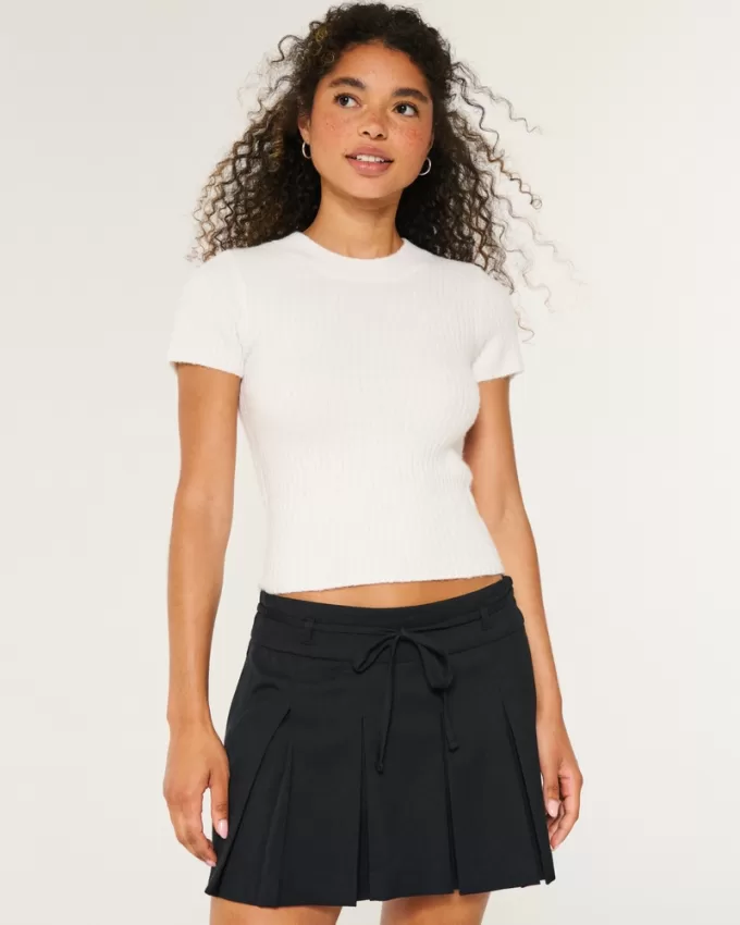 Short-Sleeve Ribbed Crew Sweater,Short-Sleeve Ribbed Crew Sweater