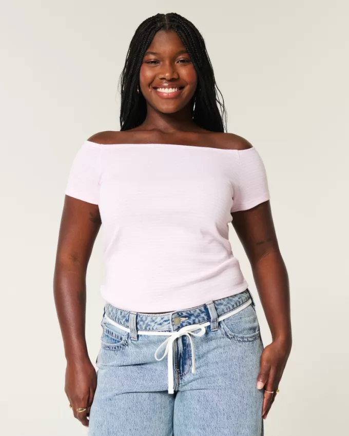 Short Sleeve Skimming Off-the-Shoulder Top,Short Sleeve Skimming Off-the-Shoulder Top