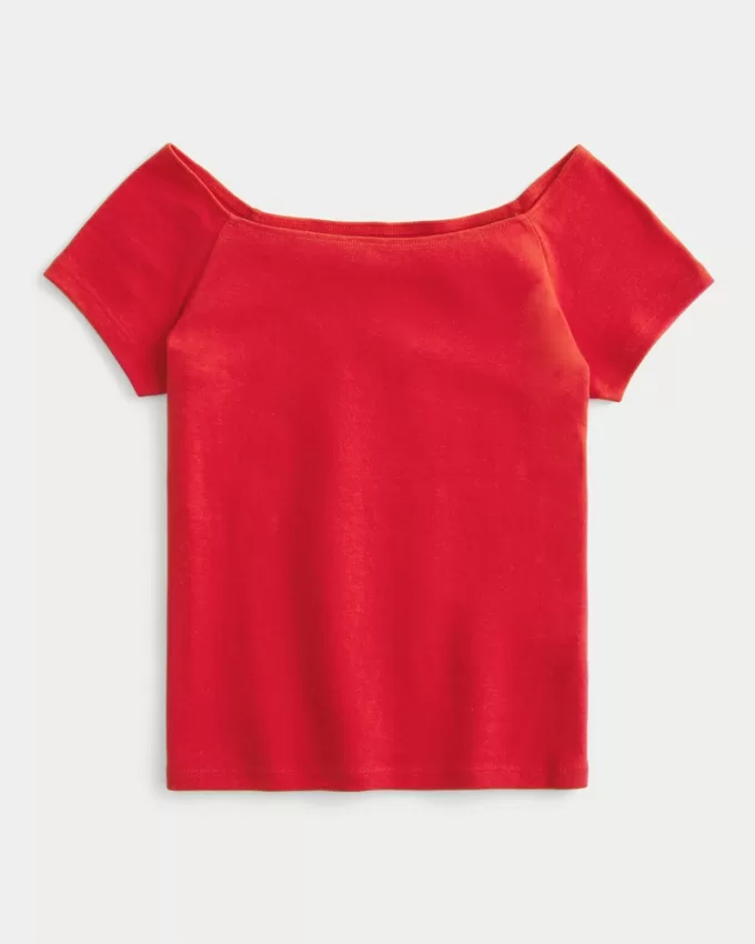 Short Sleeve Skimming Off-the-Shoulder Top,Short Sleeve Skimming Off-the-Shoulder Top