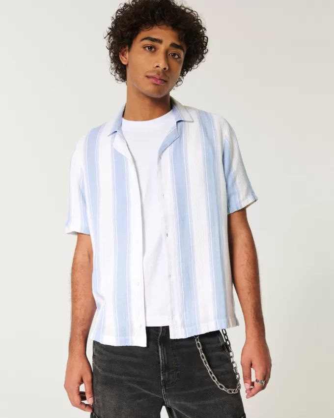 Short-Sleeve Textural Stripe Shirt,Short-Sleeve Textural Stripe Shirt