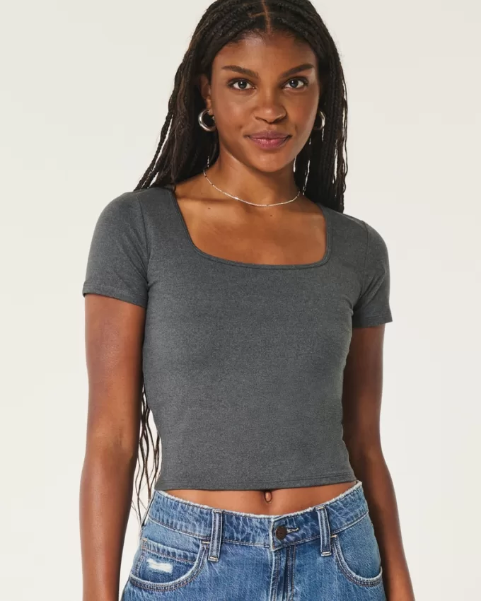 Soft Stretch Seamless Fabric Square-Neck Baby Tee,Soft Stretch Seamless Fabric Square-Neck Baby Tee