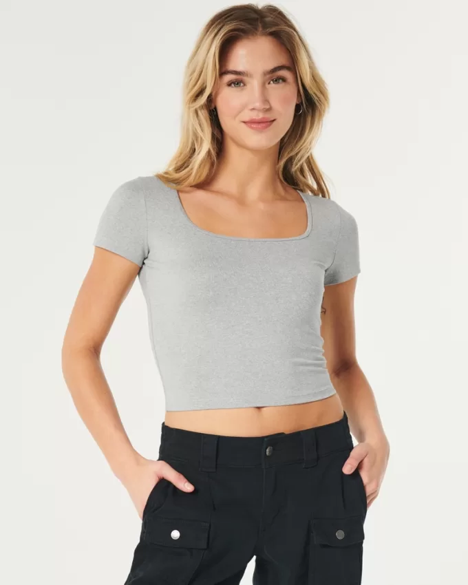 Soft Stretch Seamless Fabric Square Neck Baby Tee,Soft Stretch Seamless Fabric Square Neck Baby Tee