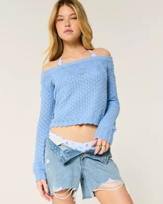Stitchy Crochet-Style Off-the-Shoulder Sweater,Stitchy Crochet-Style Off-the-Shoulder Sweater