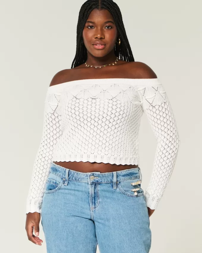 Stitchy Crochet-Style Off-the-Shoulder Sweater,Stitchy Crochet-Style Off-the-Shoulder Sweater