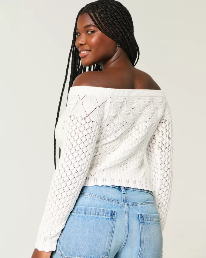Stitchy Crochet-Style Off-the-Shoulder Sweater,Stitchy Crochet-Style Off-the-Shoulder Sweater