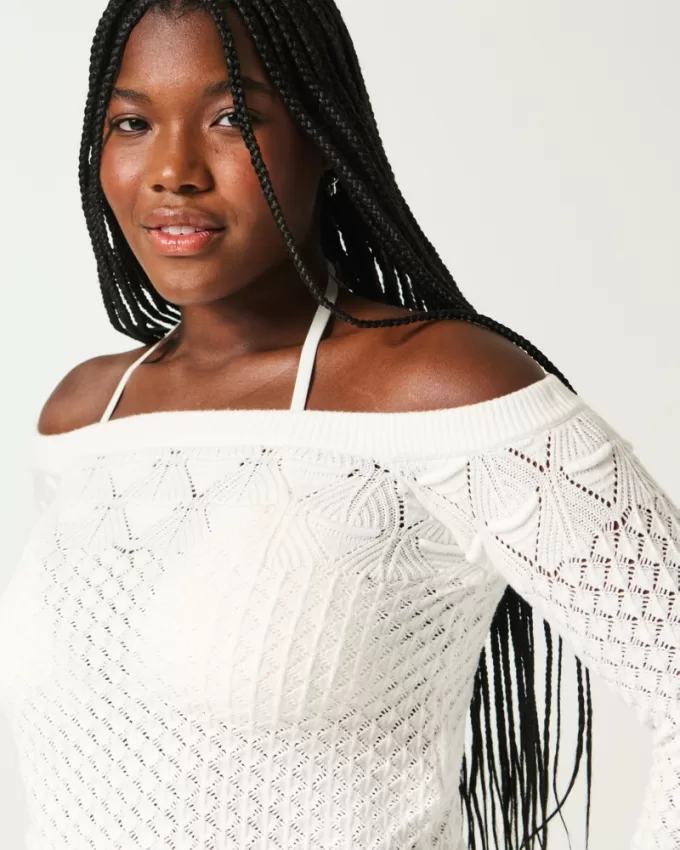 Stitchy Crochet-Style Off-the-Shoulder Sweater,Stitchy Crochet-Style Off-the-Shoulder Sweater