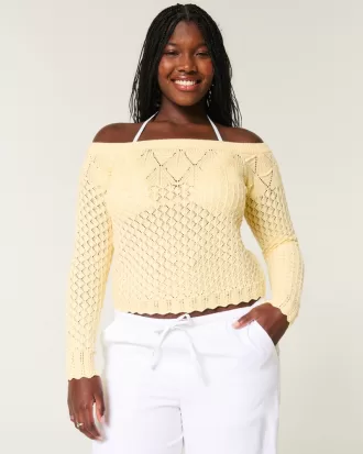 Stitchy Crochet-Style Off-the-Shoulder Sweater,Stitchy Crochet-Style Off-the-Shoulder Sweater