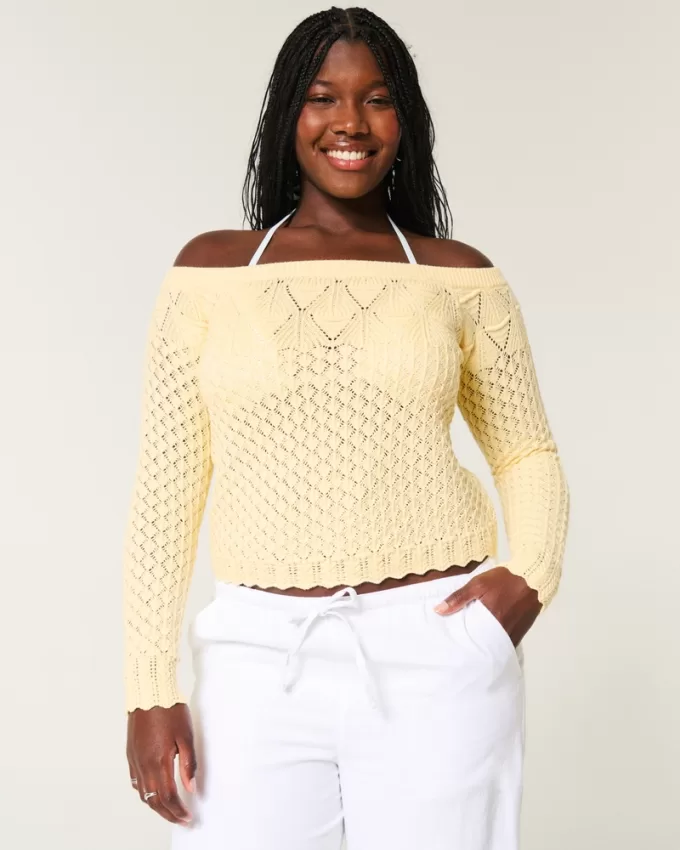 Stitchy Crochet-Style Off-the-Shoulder Sweater,Stitchy Crochet-Style Off-the-Shoulder Sweater
