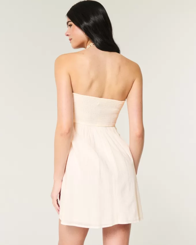 Strapless Crochet-Style Mix Mini Dress,Strapless Crochet-Style Mix Mini Dress