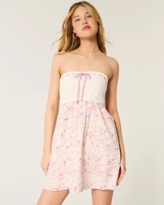 Strapless Crochet-Style Mix Mini Dress,Strapless Crochet-Style Mix Mini Dress