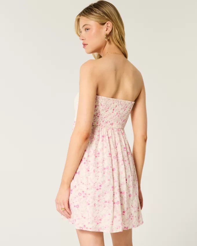 Strapless Crochet-Style Mix Mini Dress,Strapless Crochet-Style Mix Mini Dress