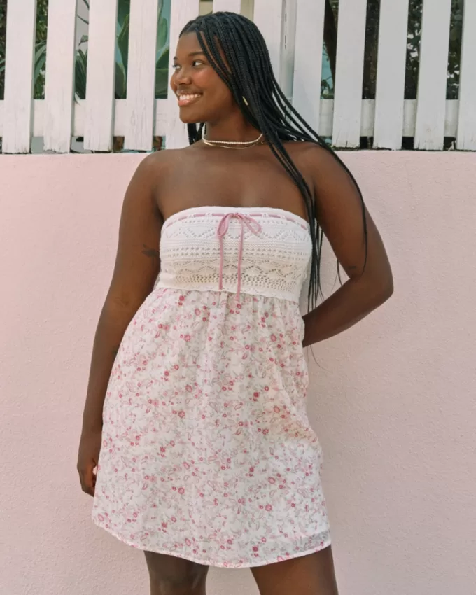 Strapless Crochet-Style Mix Mini Dress,Strapless Crochet-Style Mix Mini Dress