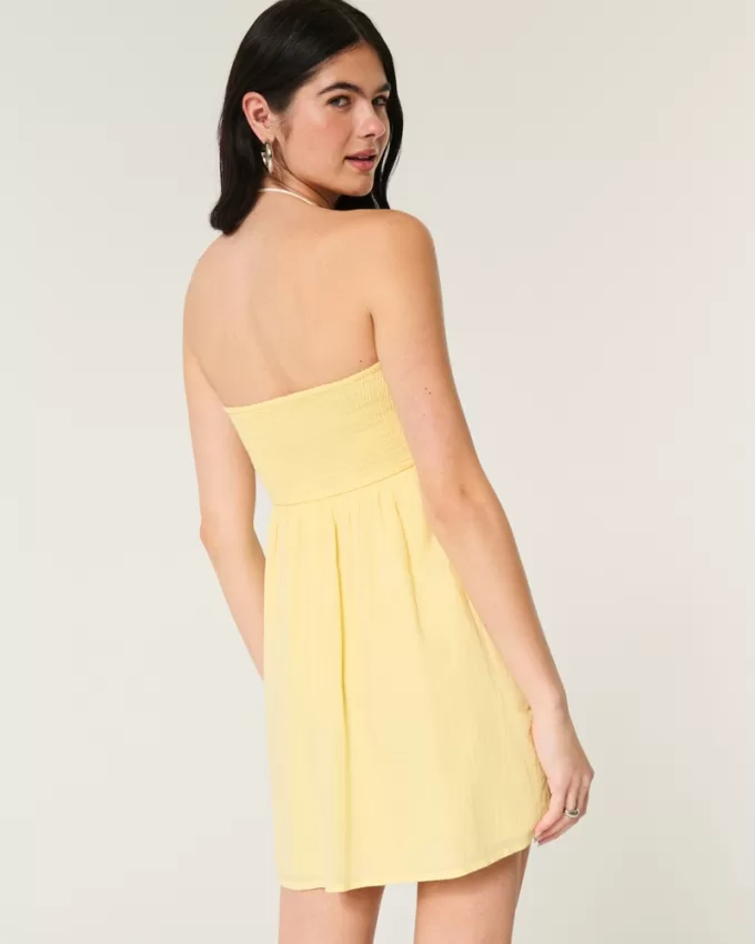 Strapless Crochet-Style Mix Mini Dress,Strapless Crochet-Style Mix Mini Dress