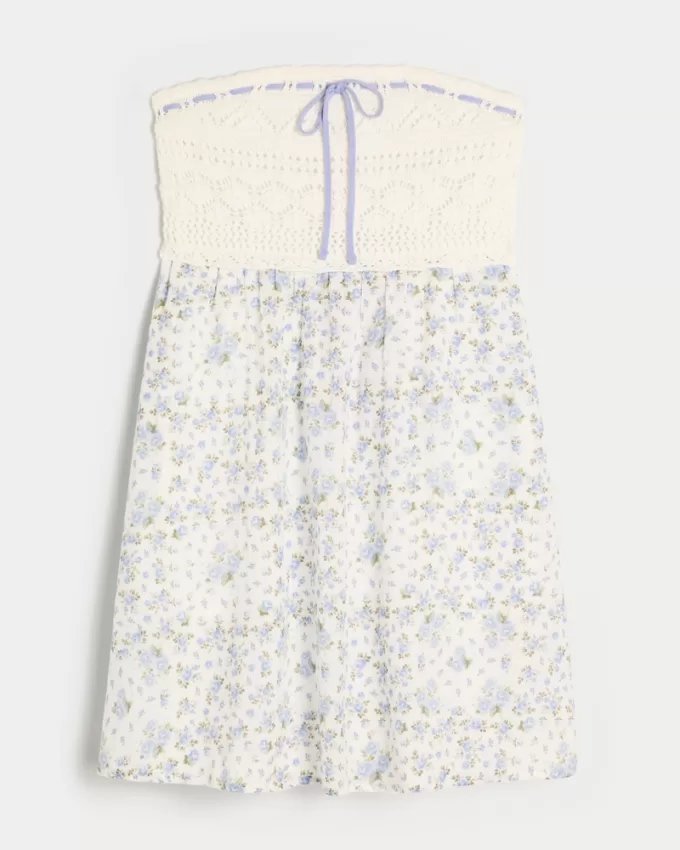 Strapless Crochet-Style Mix Mini Dress,Strapless Crochet-Style Mix Mini Dress