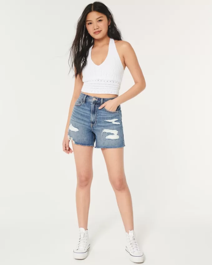 Ultra High-Rise Ripped Medium Wash 90s Denim Shorts 5″,Ultra High-Rise Ripped Medium Wash 90s Denim Shorts 5″