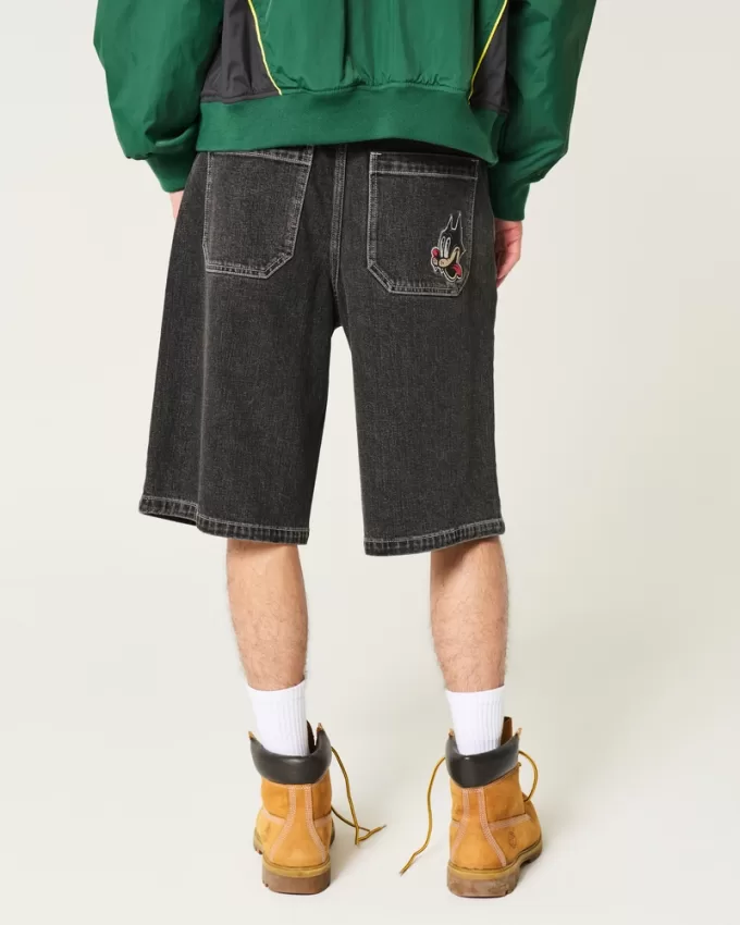 Washed Black Cat Graphic Super Baggy Denim Shorts,Washed Black Cat Graphic Super Baggy Denim Shorts